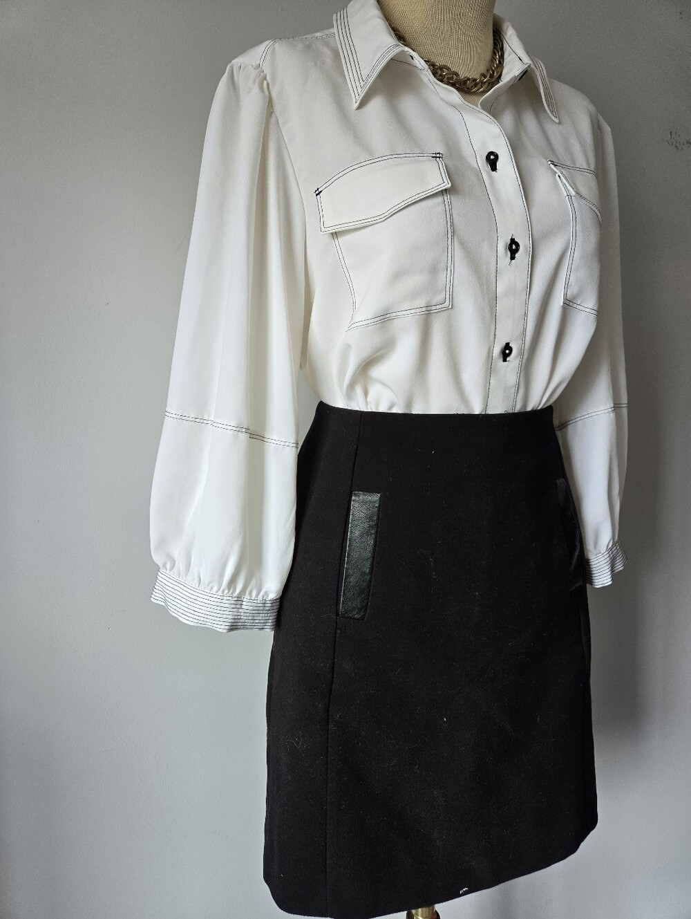 Karl Lagerfeld White Button-Up Blouse with Black Contrast Stitching. Size L - Picture 3 of 14